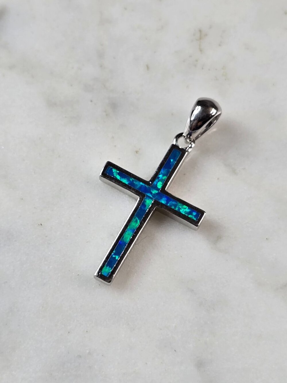 Womens Sterling Silver Blue Opal Religious Cross Pendant 1.7g E845